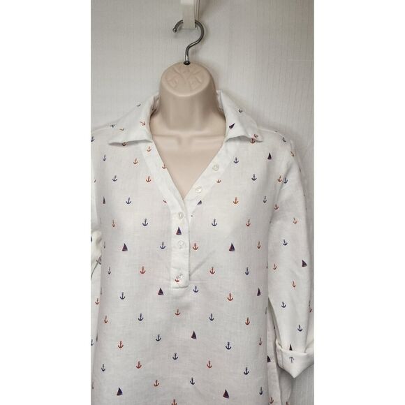 Cynthia Rowley Womens Sailboat Anchors Linen Tunic Blouse Multi-White Size Small - Picture 7 of 9